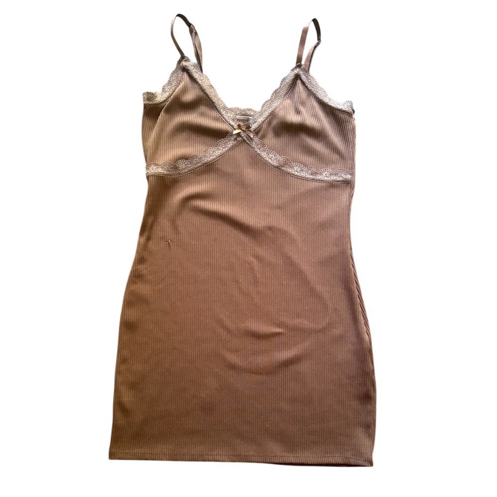 H&M Ribbed Slip Dress Medium Brown‎ Lace Trim Adjustable Straps